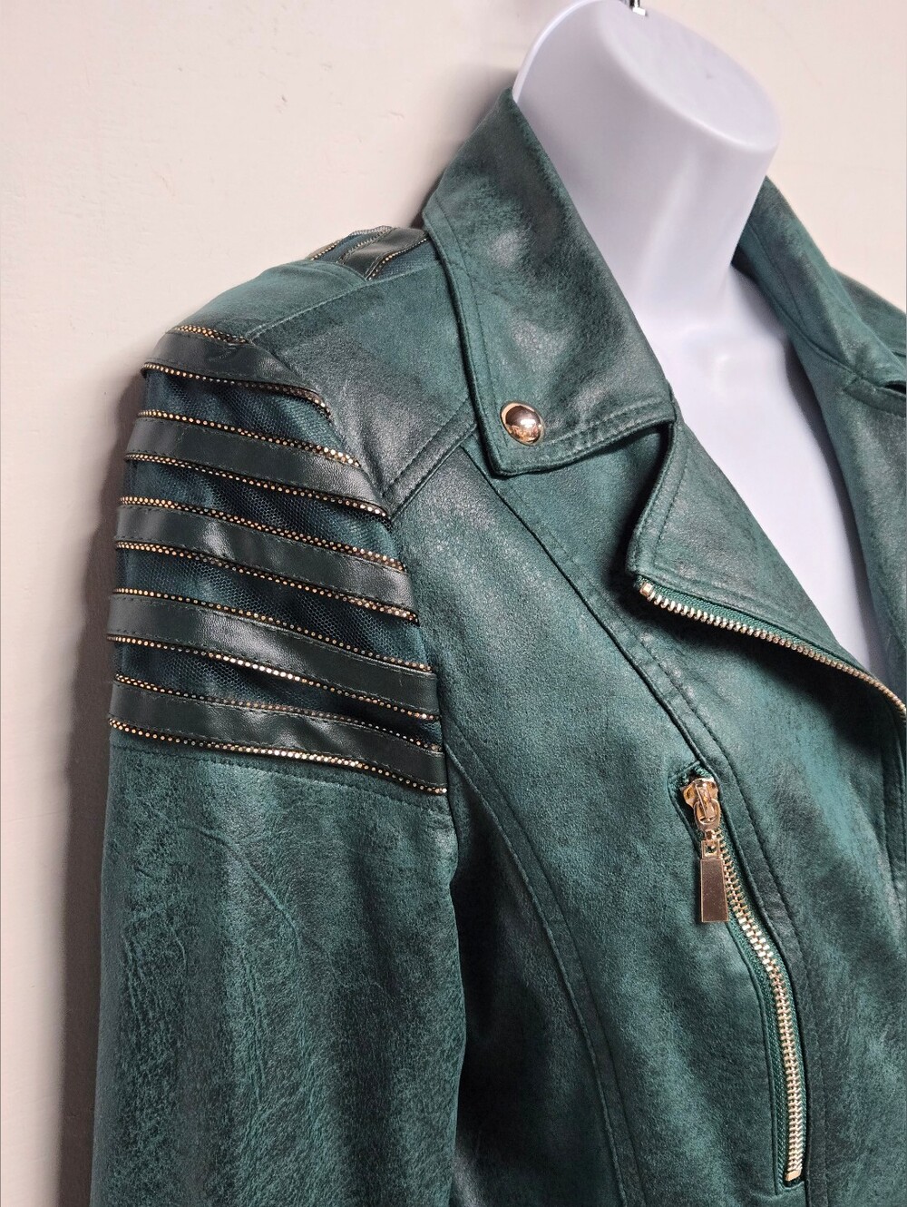 Frank Lyman L Faux Suede Moto Jacket Dark Forest Green Gold Tone Hardware - Picture 3 of 9